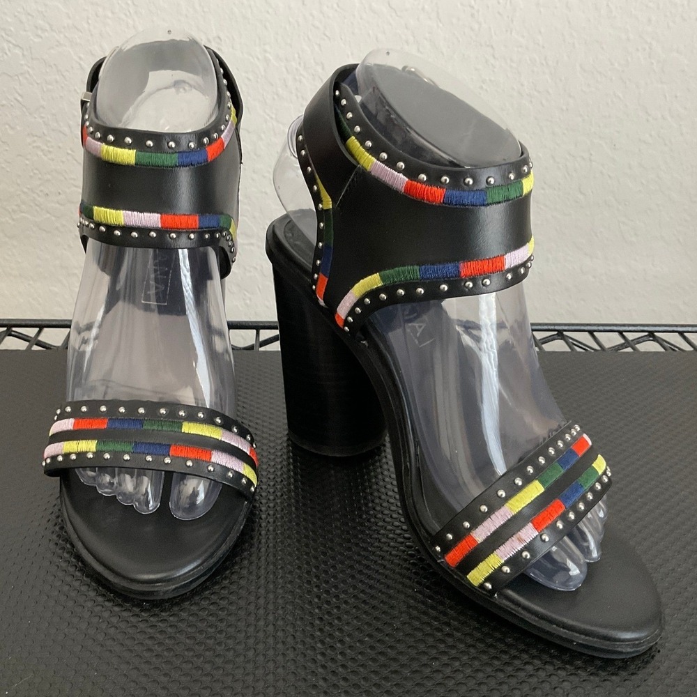 Sol Sana Womens Black Leather Embroidered Studded Block Heel Sandals Size 37 - Picture 12 of 12
